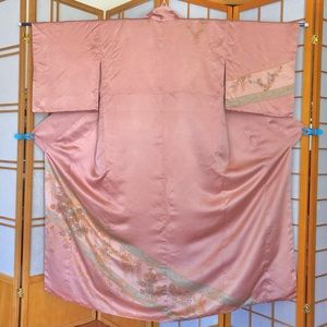 Vintage Pink Floral Japanese Silk Kimono Robe